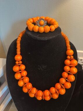 Orange Bead Necklace Bracelet snd Ring Set - Women Jewelry